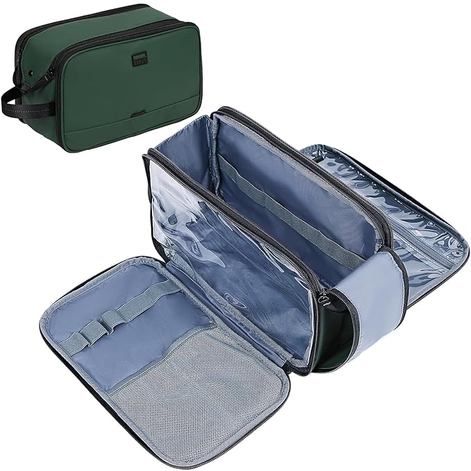 ZEEMO Travel Toiletry Bag for Men, Large Water-Resistant Double-Sided Full-Open Dopp Kit, Versatile Organizer for Shower and Hygiene Accessories, Bathroom Essentials, Cosmetics, Green