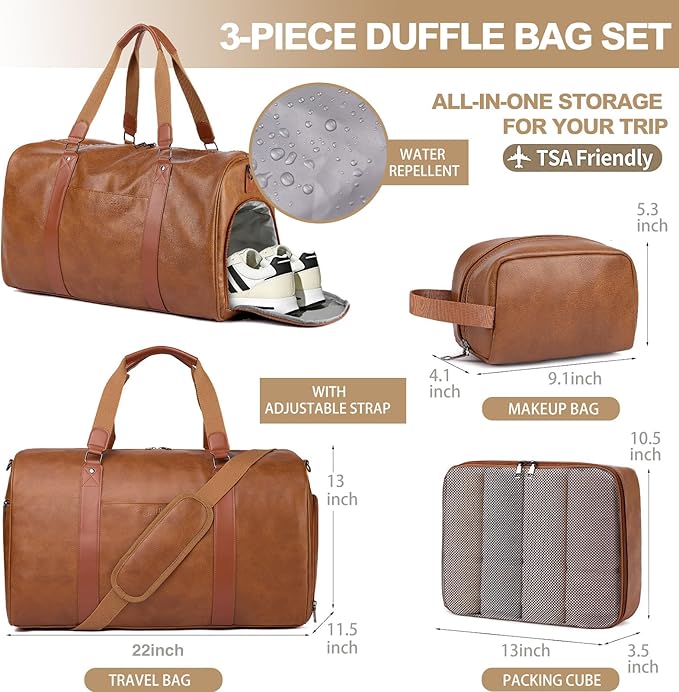 Large 3-in-1 Leather Duffle Bag for Travel Weekender Overnight Hospital Gym Bag for Men & Women, Carry On Airline Approved Personal Item Duffel Garment Bag Luggage with Shoe Compartment & Toiletry Bag
