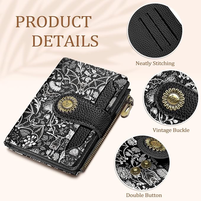 Icycay Goth Gothic Bat Small Wallet Women RFID Blocking Bifold, Credit Card Holder, Zipper Coin Pocket, PU Leather, Funny, Compact, Travel, 4 ID Window, 14 Card Slots, Cash Purse, Ladies Woman Female