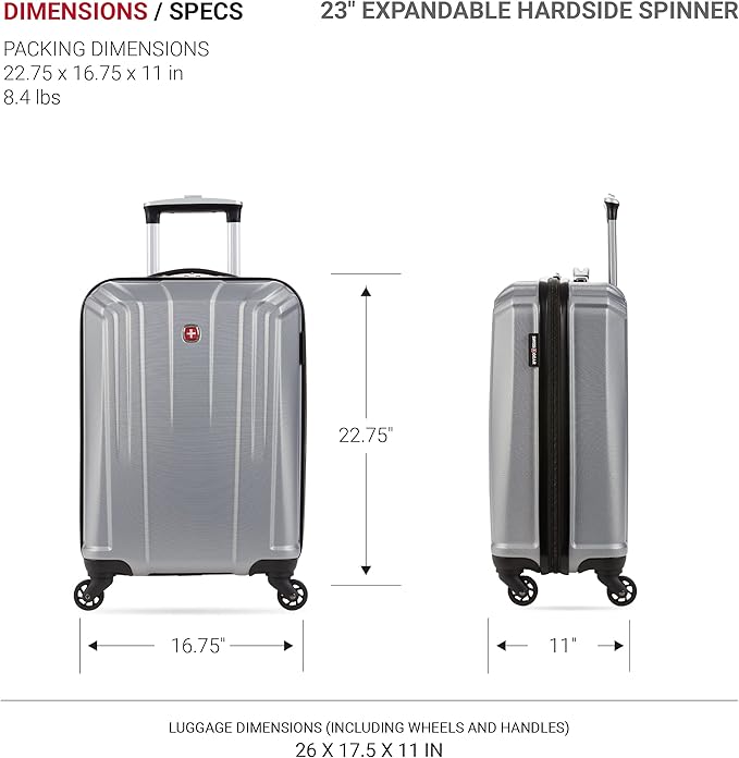 SwissGear 3750 Hardside Luggage with Spinner Wheels, Silver, Checked-Medium 23-Inch