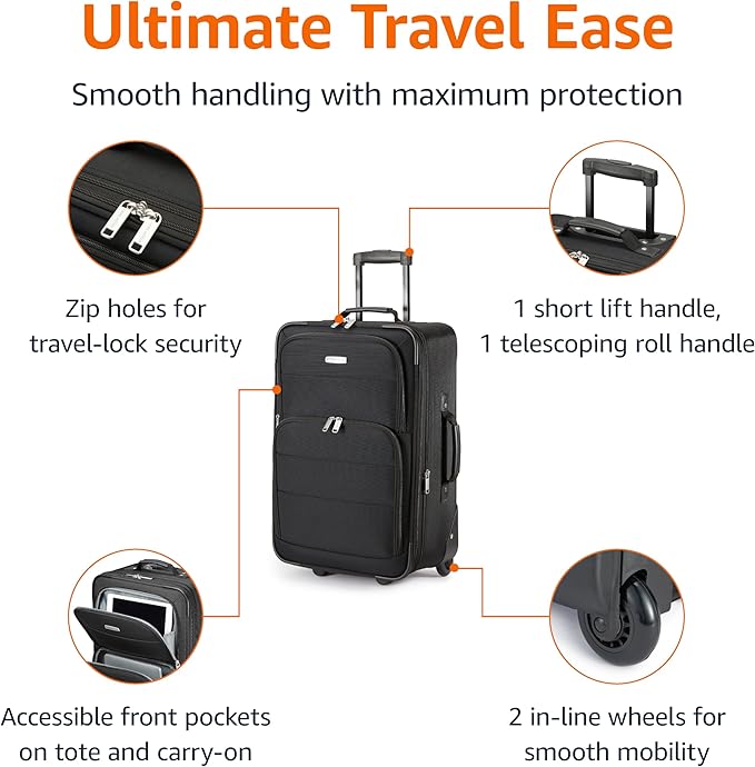 Amazon Basics Softside Luggage Set, 23-Inch Expandable Suitcase with Wheels and 15-Inch Tote, Extra Space (+15%), Front Pockets, Telescopic Handle, Black