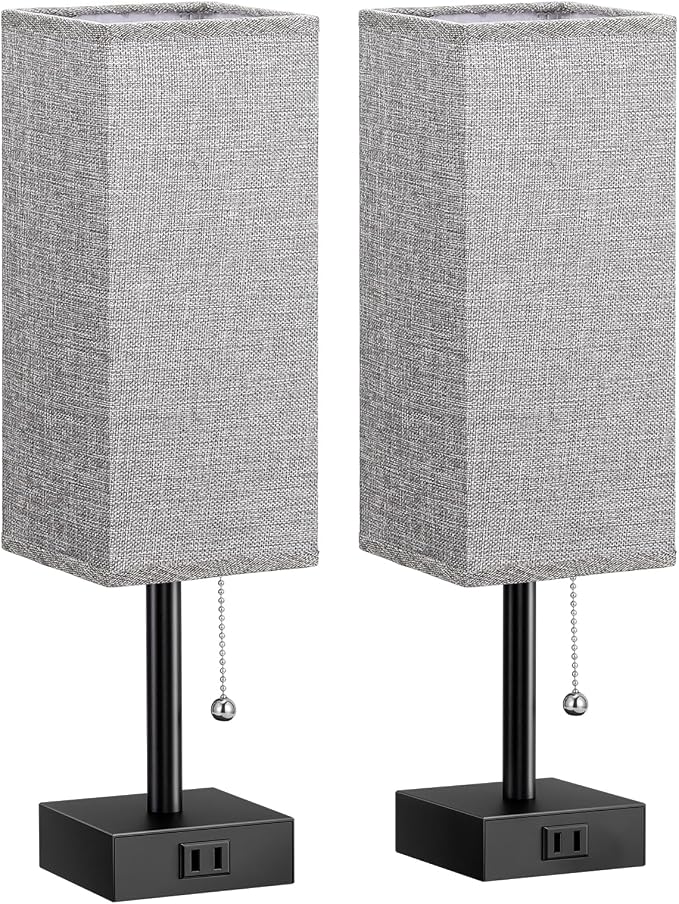 Bedside Lamp for Bedroom Set of 2 - Grey Table Lamp for Nightstand | AC Outlet, 3 Color Temperatures, LED Bulb Included, Pull Chain Design, 14" Rectangular Desk Lamp for Dorm/Office, 2-Pack