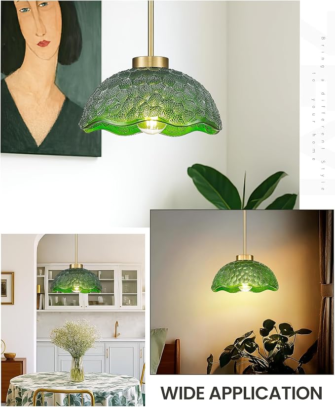 zeyu 10.4 Inch Green Glass Pendant Lightings, Brushed Gold 1 Light Island Light Fixtures, Hanging Lamps 2 Pack with Green Hammered Glass, ZJX116M1L-2PK BG G