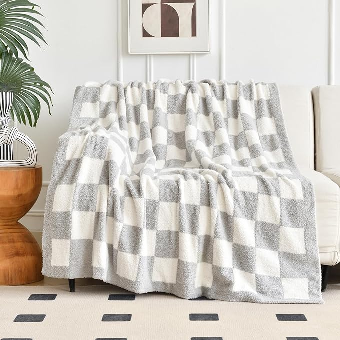 Checkered Blanket, Cozy Soft Throw Blankets for Couch Bed, Fluffy Plaid Lightweight Comfy Travel Picnic Blanket Gifts for Sofa Chair Living Room Camping (Light Grey, Throw 50"x60")