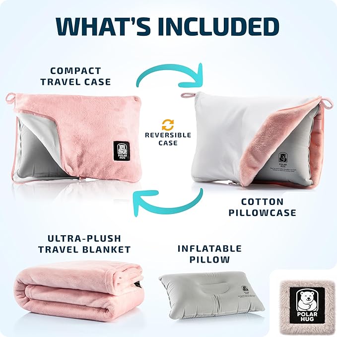 Travel Blanket and Pillow Set — Airplane Blanket with Inflatable Pillow and Cotton Case, Compact Travel Blanket with Back-Neck Snaps for Long Flights
