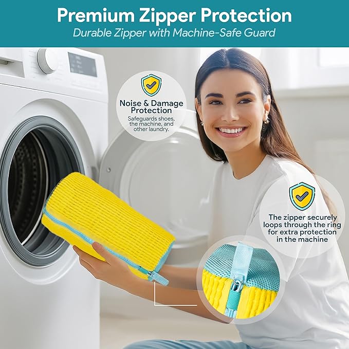 Shoe Washing Machine Bag –2 Pcs Reusable Laundry Shoe Bag with Brush & Shoe Trees, 360° Deep Cleaning Sneaker Washing Machine Bag, Fits All Shoe Types & Sizes (Yellow, 14.8 × 7.4 Inches)