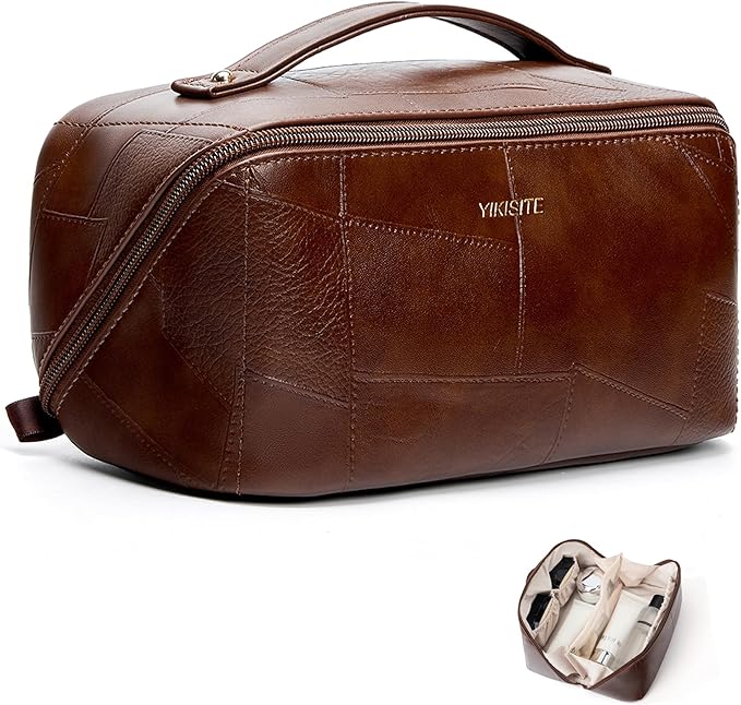 Makeup Bag, Travel Cosmetic Bags toiletry bag for Women, Waterproof PU Leather Make Up Pouch Organizer Travel Essentials Organizer with Divider (Brown)