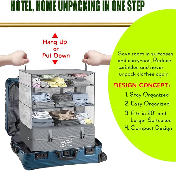 Compressible Packing Cubes Portable Hanging Closet Shelves 17"x12"x24" Extendable Travel Organizer Nylon Packing Bags for Suitcase