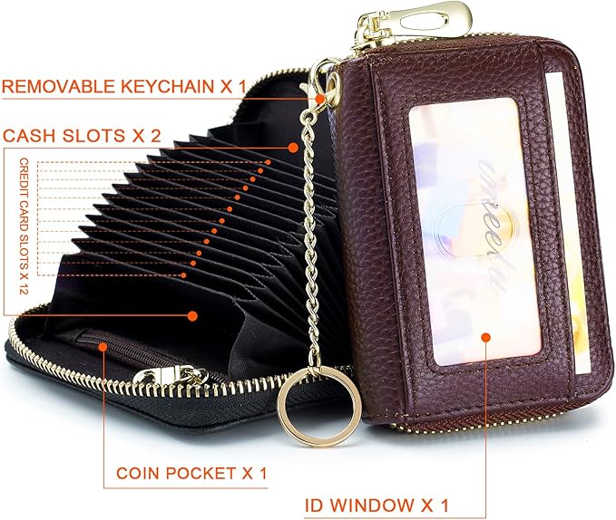 imeetu RFID Credit Card Holder, Small Leather Zipper Card Case Wallet for Women