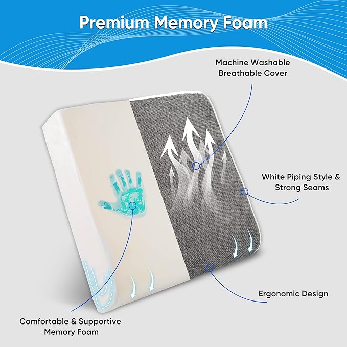 4 Inch Thick XL Memory Foam Seat Cushion - Extra Large Office Chair Cushion for Tailbone Pain Relief, Furniture-Grade High Density Foam, Non-Slip Washable Cover for Desk, Car & Wheelchair