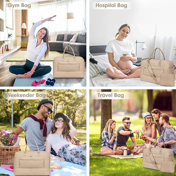 Travel Duffle Bag Weekender for Women - Carry-On Overnight Bag Personal Item Bag with Shoe Compartment & Wet Pocket Large Weekend Tote Bags with Toiletry Bag Hospital Bags for Labor and Delivery