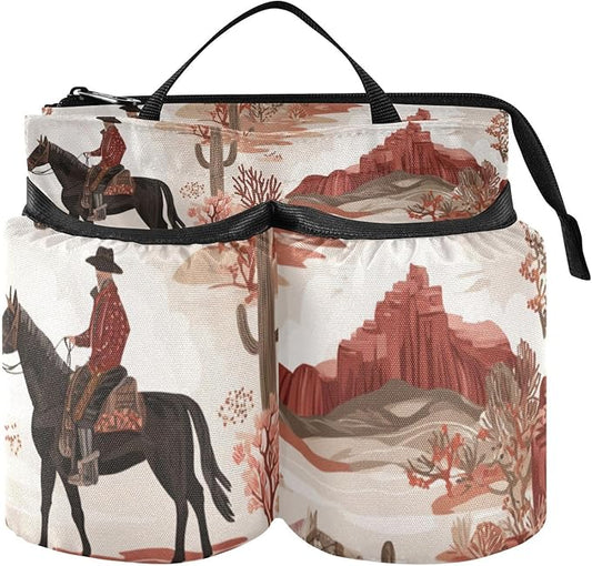 Vintage Cowboys on Horses Cactus Desert Luggage Cup Holder Travel Portable Free Hand Drink Carrier Suitcase Drinks Beverage Holder Carry-On Bottle Mug Holder Organizer Bag Travelers Accessorie