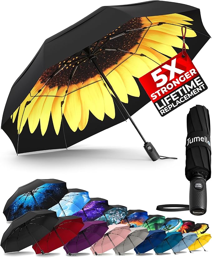 TUMELLA Strongest Windproof Travel Umbrella (Compact, Superior & Beautiful), Small, Wind-Tested, Light & Portable, Automatic Folding Rain Umbrella, Durable Premium Grip, Fits Car and Backpack
