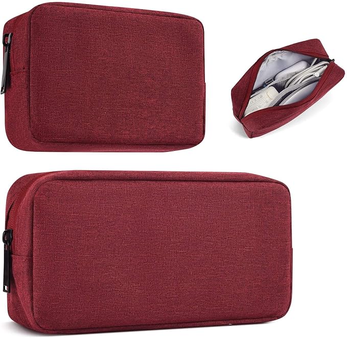 imComor Universal Electronics Accessories Case Bag, 2-Pack Portable Soft Carrying Case Bag Pouch Wire Cable Organizer for Hard Drive, Power Adapter, Laptop Mouse, Cosmetics Kit, Small+Big-Wine Red