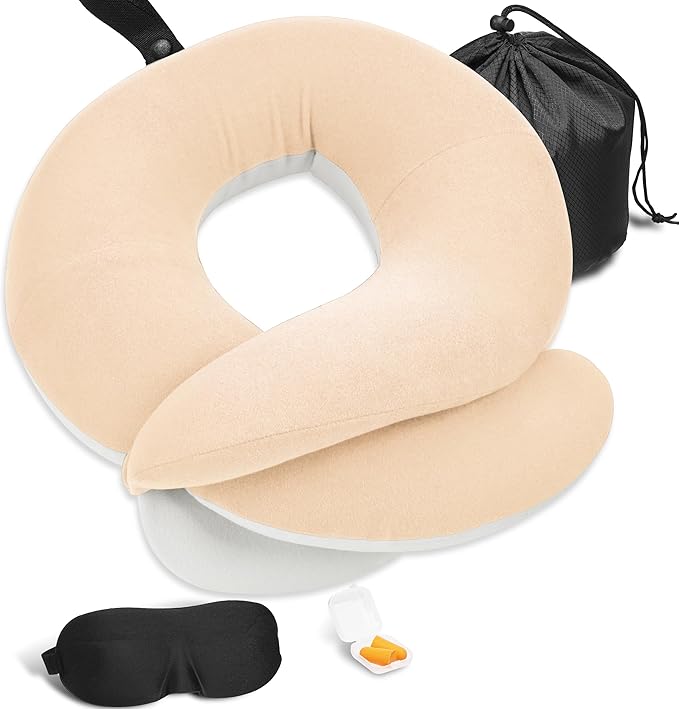BUYUE Travel Neck Pillows for Airplanes, 360° Head Support Sleep for Long Flight, Skin-Friendly & Breathable, Kit with 3D Contoured Eye Mask, Earplugs and Storage Bag (Adult, Beige, 90+ lbs)