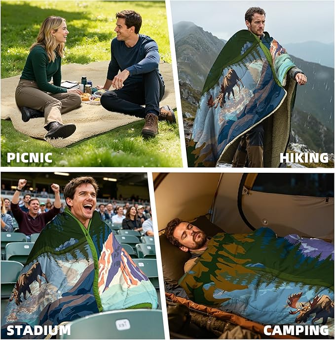 Outdoor Camping Blanket with Sherpa Lining, Extra Warm Thick Camp Blankets and Puffy Ultralight Soft Poncho DWR Camping Quilt for Cold Weather, Adventure, Sleeping, Backpacking 78"x 56"