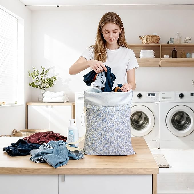 College Laundry Bag 29"×18", Waterproof Dirty Clothes Bag with Handles & Locking Drawstring, Large Capacity Floral Laundry Backpack for Dorm, Laundromat, Apartment, Travel & Camping (Blue)