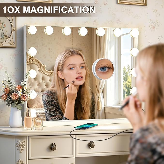 Ratsamee Hollywood Vanity Mirror with Lights, 23" x 18", 15 Dimmable Bulbs, 3 Color Lights, Make Up Lighted Mirror, USB Charging Port, Gifts for Women Wife Teengirls White