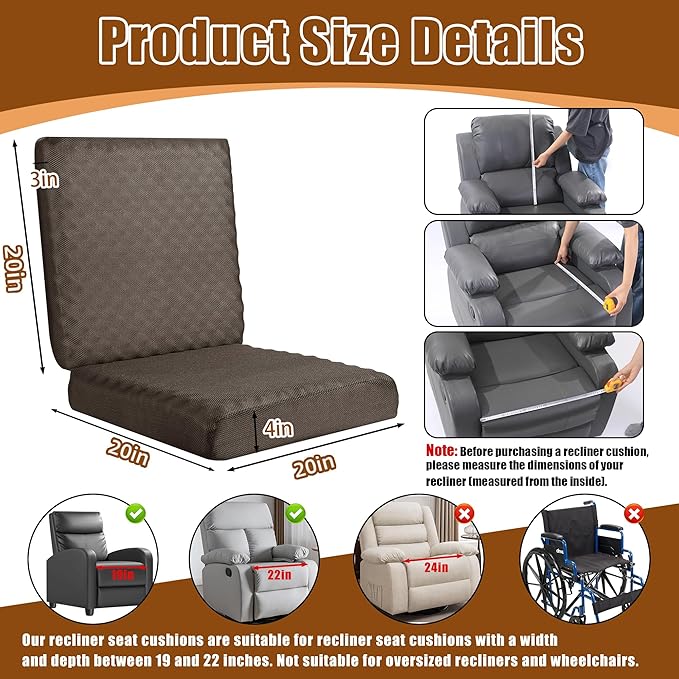 BALAPET Recliner Cushions for Long Sitting, Egg Crate Foam Recliner Cushion for Elderly Reduces Muscle Fatigue and Provides Air Flow, Extra Large Non-Slip Seat Cushion with Back Support(20*20*4in)