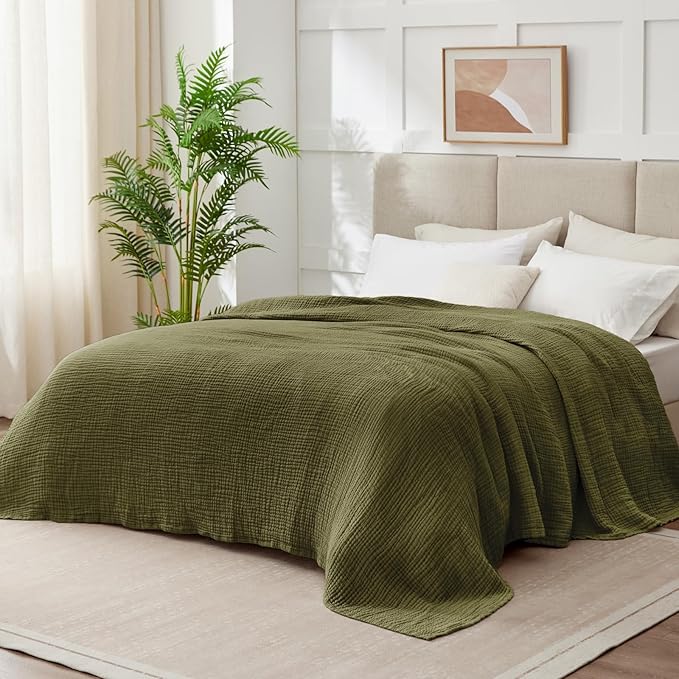 100% Cotton Muslin Blanket King 108" x 90", Breathable and Lightweight Cotton Throw Blanket for Bed, Soft Cooling Summer Gauze Blanket for Adults All Season, Olive Green