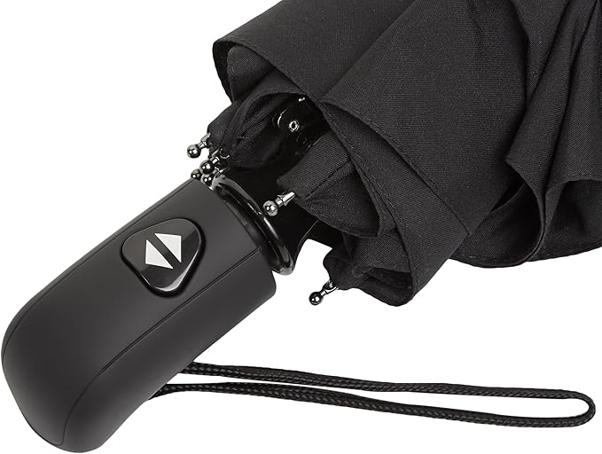Amazon Basics Round Travel Umbrella with Auto Open/Close Button, Wind-Proof Compact Design, Wind Vent, Strong Alloy Steel Frame, Soft-Grip Handle, Storage Sleeve, 11" When Closed, Black