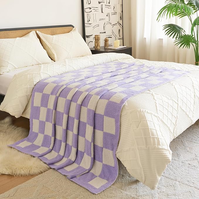 Checkered Blanket, Cozy Soft Throw Blankets for Couch Bed, Fluffy Plaid Lightweight Comfy Travel Picnic Blanket Gifts for Sofa Chair Living Room Camping (Lavender Purple, Throw 50"x60")