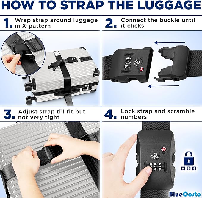 BlueCosto - Luggage Strap with TSA Lock - 7 to 13 ft Adjustable, Jet Black - TSA Approved Suitcase Security Belt with 3 Digit Combination Locking - 2" Wide Heavy Duty Baggage Strap for Secure Travel