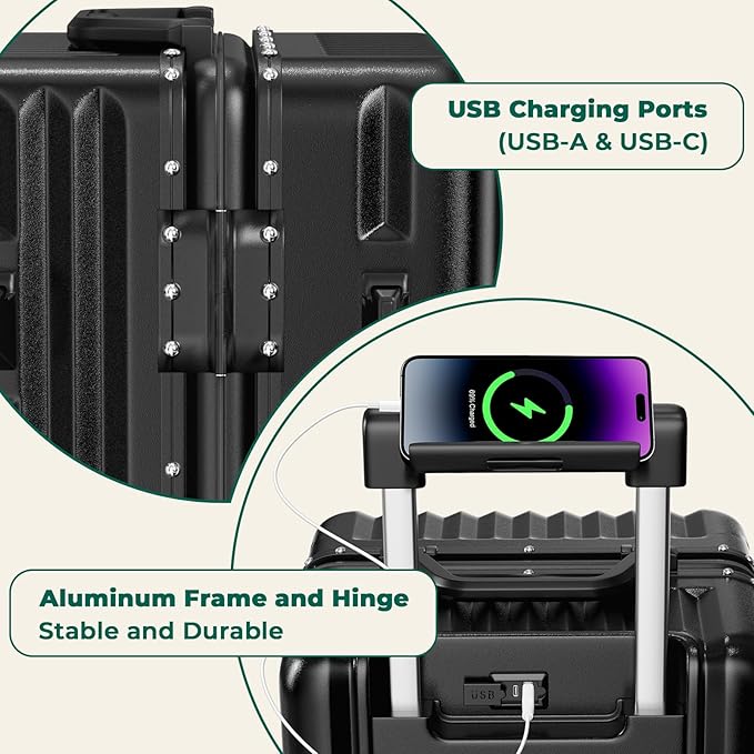 20 Inch Carry On Luggage, Aluminum Frame Zipperless Luggage, Hard Shell Suitcase with Charging Port, Cup Holder, TSA Lock, Phone Holder for Travel and Business Travel