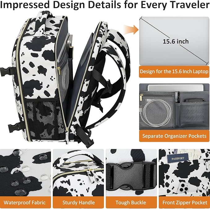 Carry on Backpack for Women TSA Approved 15.6 Inch Travel Laptop Backpack for Women Travel Essentials Womens Travel Backpack Cow Print