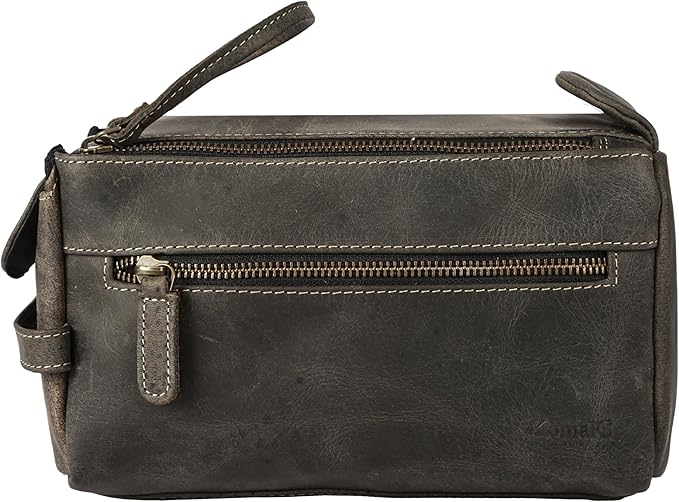 KomalC Premium Buffalo Leather Toiletry Bag for Men & Women With Water resistant Lining, Grooming Travel Pouch, Unisex Wash Bag for Toiletries, Gifts for Men and Women