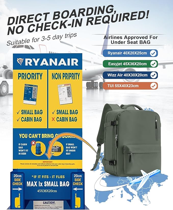 VGCUB Travel Backpack for Women Men for Spirit Airlines Personal Item Bag 18x14x8 Inches Laptop College Backpack,Waterproof Carry on Flight Approved Work Backpack,Large Army green