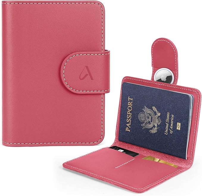 ALLIVE Rfid Passport Holder for Travel Women, Rfid Passport Cover Wallet, Genuine Leather Passport Holder for Travel with AirTag Hidden, Airport Essentials, Travel Gifts (Rose Pink)