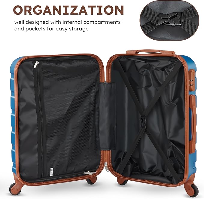 Suitour 4 Piece Luggage Sets, Hard Shell Suitcase Set with Spinner Wheels 16 20 24 28inch Travel Sets(Blue Brown)