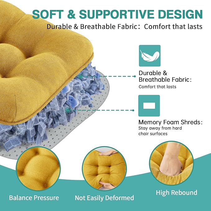 BETU Chair Cushions for Dining Chairs Set of 4,3.5" Thick Kitchen Table Chair Pads with Ties,Non Slip Backing and Covers, Seat Cushion for Dining Room,Bar,Patio Chairs,16"X16"X3.5",Yellow