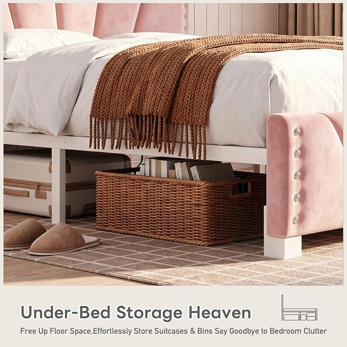 EnHomee Queen Bed Frame with LED Lights & USB, Noise-Free, Pink | Adjustable Velvet Headboard，Under-Bed Storage，Heavy Duty Support with 12 Slats，No Box Spring Needed，Easy Assembly for Bedroom