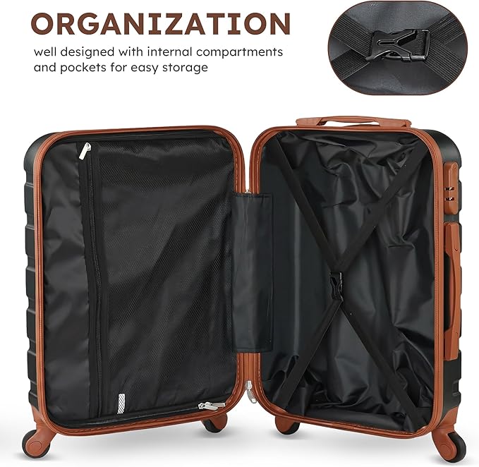 Suitour 4 Piece Luggage Sets, Hard Shell Suitcase Set with Spinner Wheels 16 20 24 28inch Travel Sets(Black Tan)