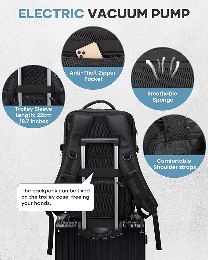 VECAVE Vacuum Travel Backpack with Pump for Women, Personal Item Carry on Backpacks Flight Approved 18x14x8 inches for Men,Laptop Waterproof Work Compression bags Casual Daypack,Black.