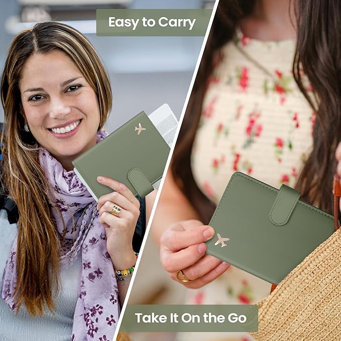 Passport Holder for Travel Essentials, RFID Blocking Leather Cover Wallet with Magnetic Closure, Aesthetic & Cute Passport Book Case for Women and Men - Green