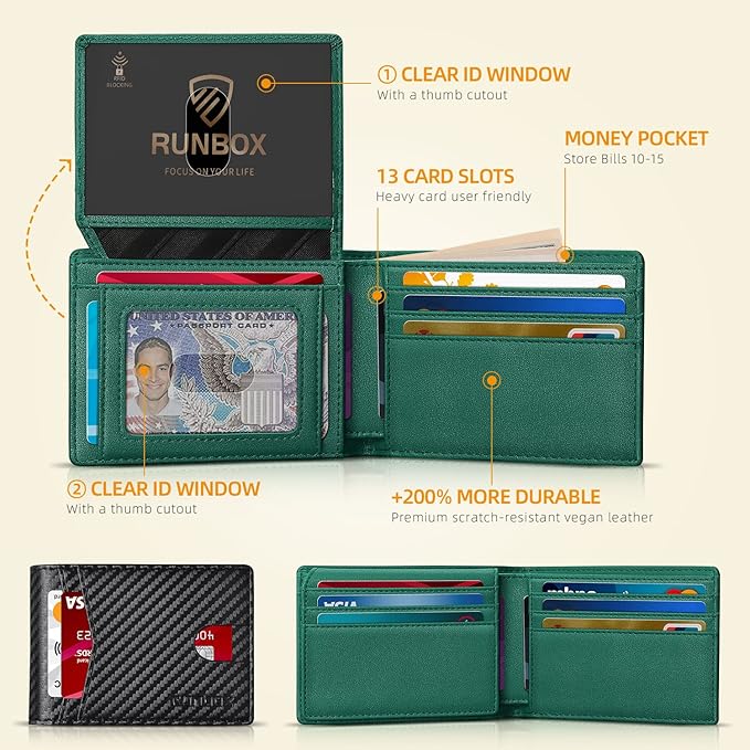 RUNBOX Wallet for Men Slim Rfid Leather 2 ID Window With Gift Box | Slim, Rfid, 2 ID Window, With Gift Box, Slim, Rfid