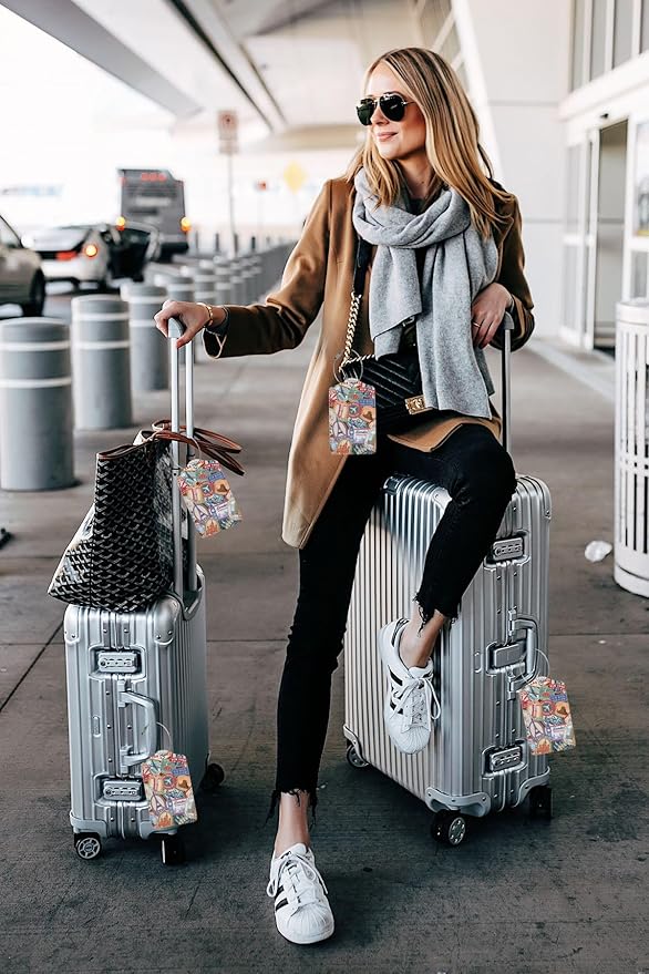 Travel Stamp 2 Pack Luggage Tags Travel PU Cute Leather Luggage Tag Name ID Labels with Privacy Cover Suitcases Women Men Girls Boys Fun Laggage Tags