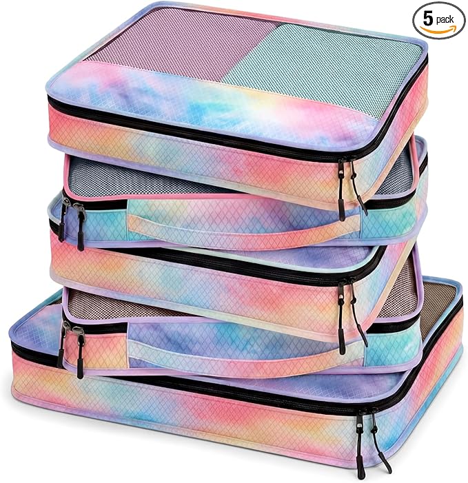 5 Pcs Packing Cubes for Suitcase Large Travel Cubes Carry on Luggage Organizer Bags for Clothes Accessories (Mixed,Watercolor)