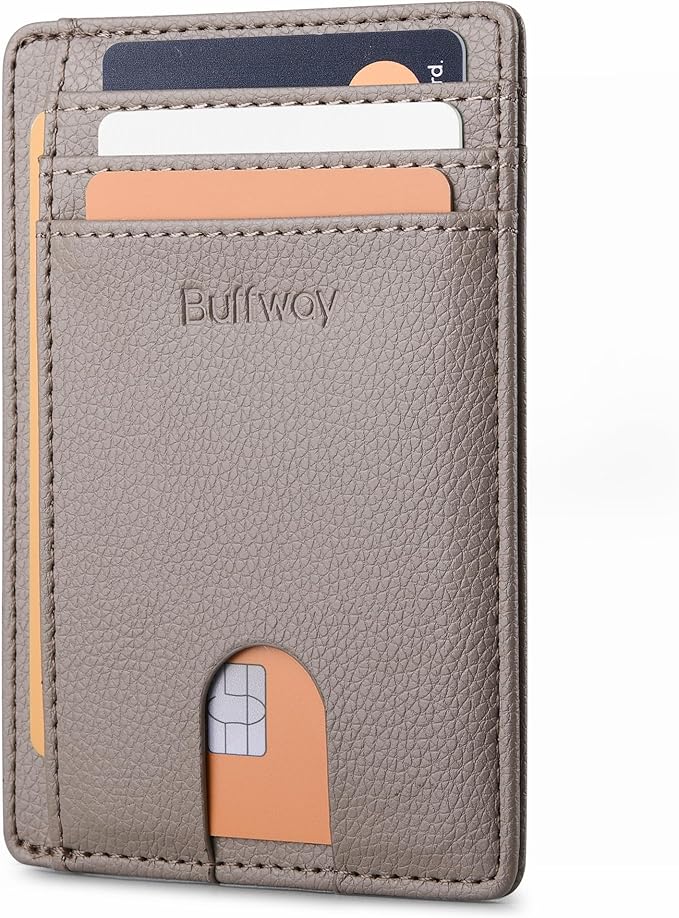 Buffway Slim Minimalist Front Pocket RFID Blocking Leather Wallets for Men and Women - Lichee Khaki