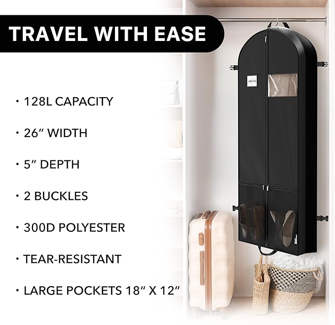 Simple Houseware 60'' Travel Garment Bag with Pockets for Suits, Dresses, Coats, Tuxedos, Heavy Duty 300D Polyester
