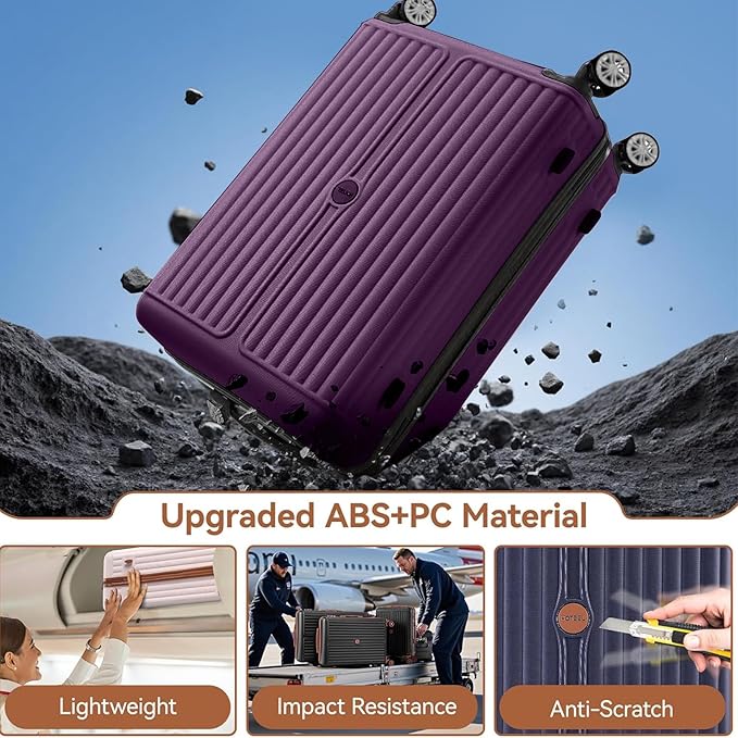 Hoteel 20Inch Luggage 3-piece Set, 360° Universal Suitcases with Wheels Hard Shell Suitcase with TSA Lock, Including Waterproof Luggage Bag, Travel Maletas for Men and Women,Purple