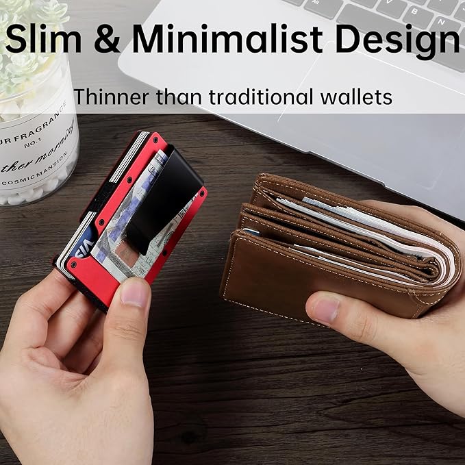 Minimalist Carbon Fiber Wallet for Men, Money Clip Cash Strap Wallet, RFID Blocking Metal Wallet Aluminum Card Holder,Front Pocket Wallet(Matte Red)