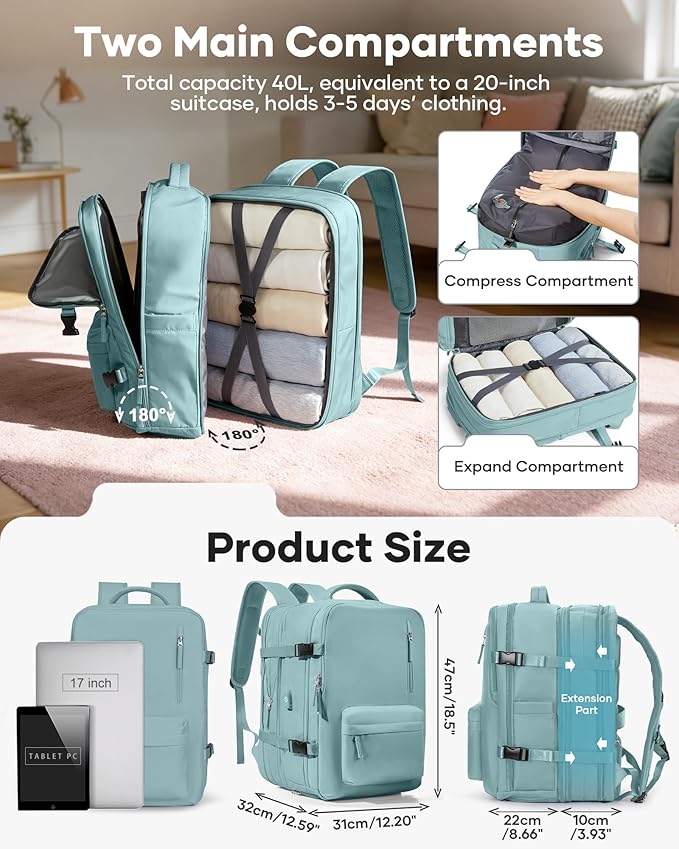 VECAVE Vacuum Backpack Travel with Pump, Expandable Personal Item Carry on Backpacks for Women Men, Laptop Waterproof Work Compression bags with USB Casual Daypack LightBlue
