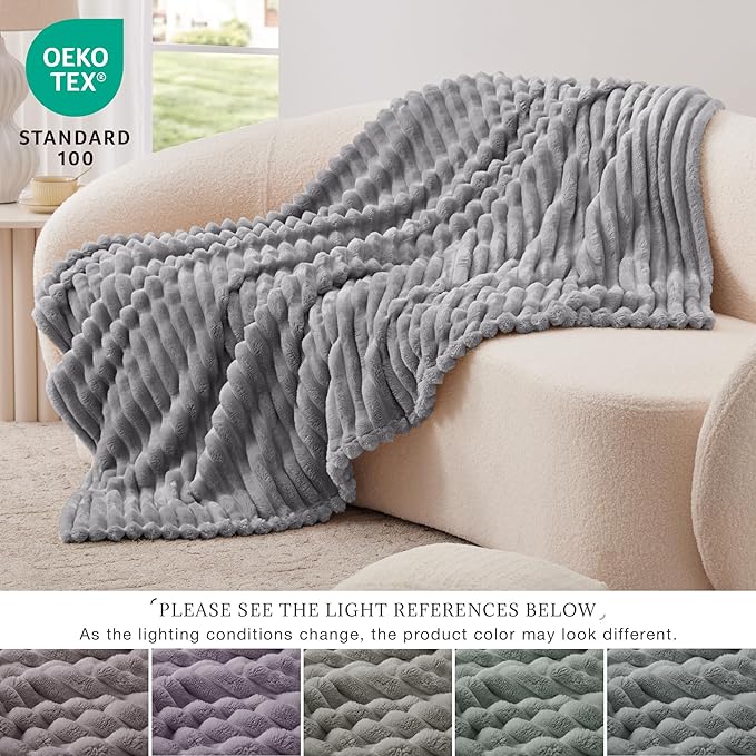 EXQ Home Fleece Blanket Twin Size for Couch or Bed - 3D Stripe Jacquard Decorative Blankets - Cozy Soft Lightweight Fuzzy Flannel Blanket Suitable for All Seasons(60"×80",Light Grey)