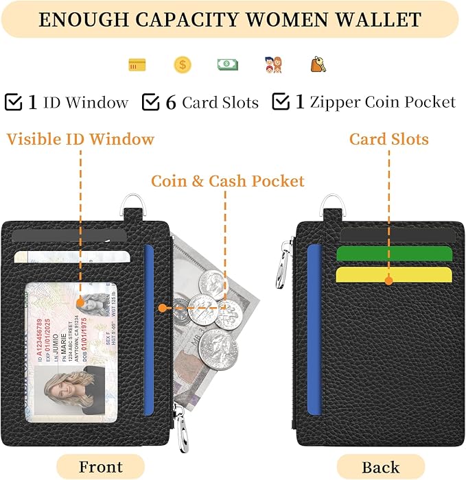 Hancynir Black Minimalist Small Wallet Women Credit Card Holder, Slim RFID Blocking Keychain Card Wallets, Mini Front Pocket PU Leather Thin Travel Zipper Coin Cash Ladies Wallet Organizer Gifts