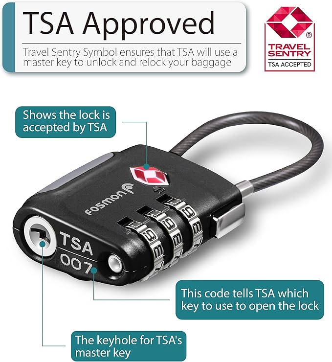 Fosmon TSA Approved Cable Locks for Luggage, Suitcase, Gun Case Lock with Push Release Button, 3 Digit Long Shackle Combination Wire Lock for Backpack