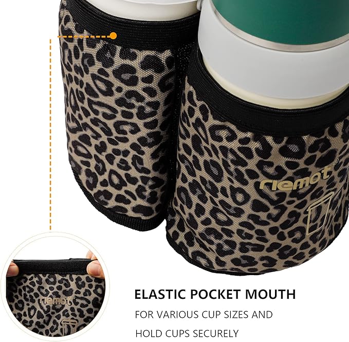 riemot Luggage Travel Cup Holder Free Hand Drink Carrier - Hold Two Coffee Mugs No Spill - Fits Roll on Suitcase Handles - Gifts for Flight Attendants Travelers Accessories Leopard